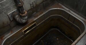 Interior view of a metallic grease trap basin showing accumulated dark sludge and waste buildup near a drainage pipe.