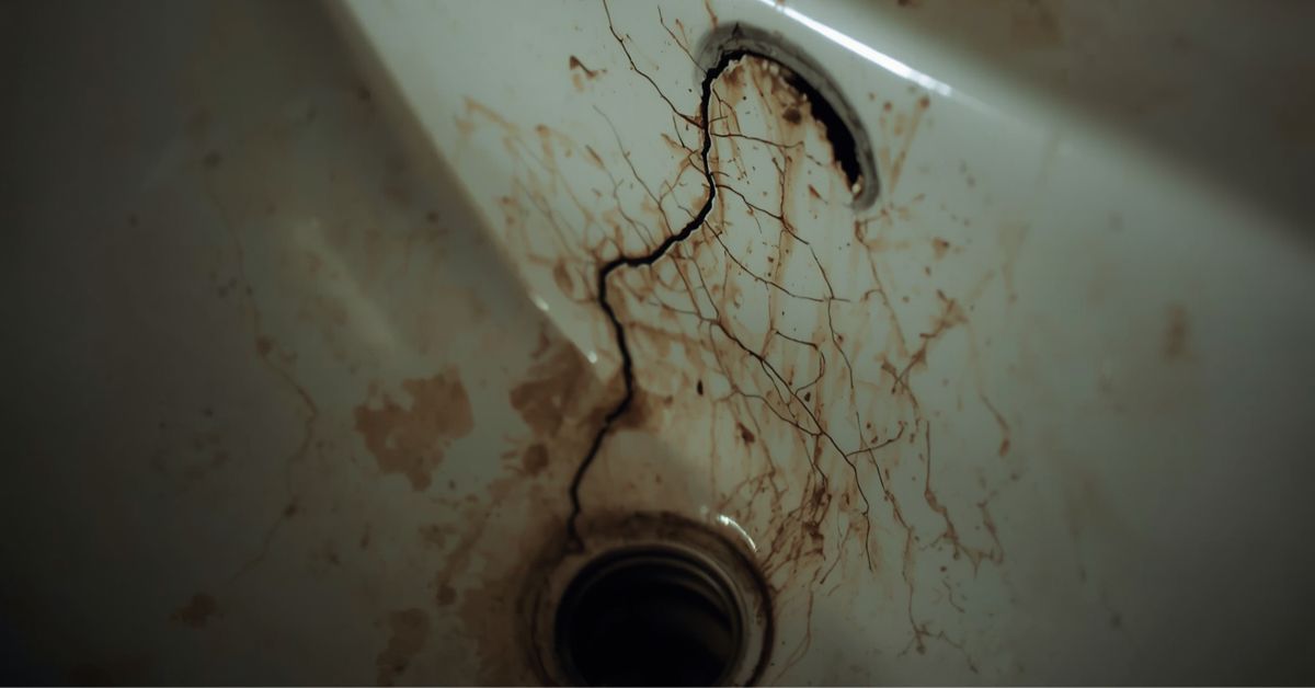 A macro view of a dark, deep structural crack running through a white porcelain sink basin, surrounded by brown rust-like staining and smaller fracture lines.