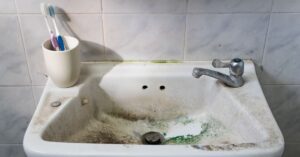 A close-up of a heavily stained and dirty vintage white bathroom sink with grime, green mineral deposits around the faucet, and surface wear.