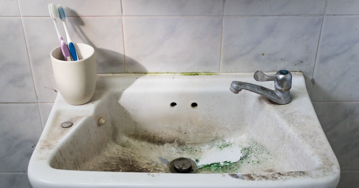 A close-up of a heavily stained and dirty vintage white bathroom sink with grime, green mineral deposits around the faucet, and surface wear.