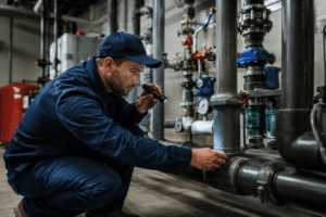 Commercial plumber inspecting industrial pipes in a business building mechanical room
