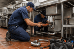 Two workers in navy uniforms tighten plumbing under a commercial sink with wrenches in a stainless steel kitchen.