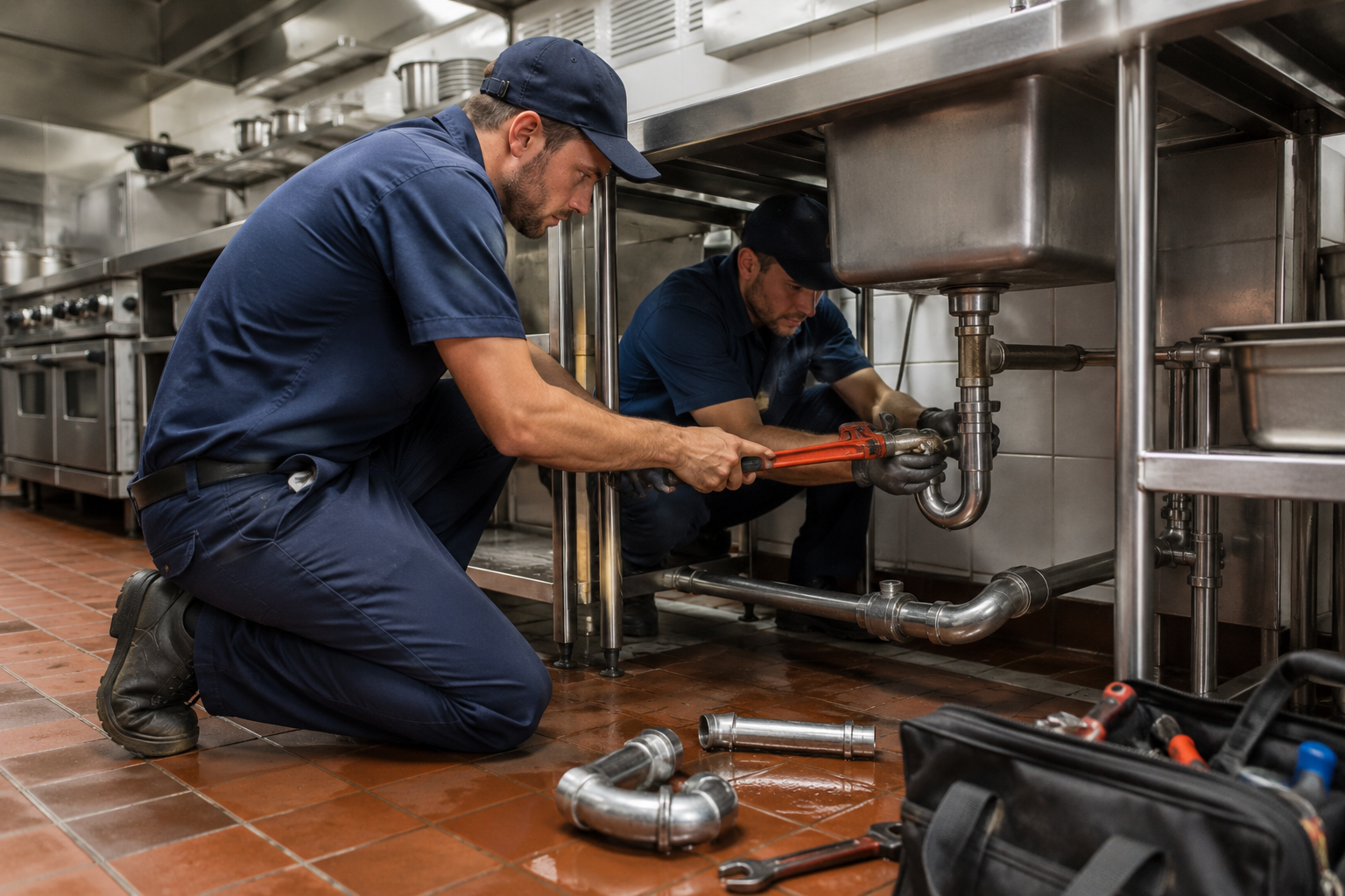 Two workers in navy uniforms tighten plumbing under a commercial sink with wrenches in a stainless steel kitchen.