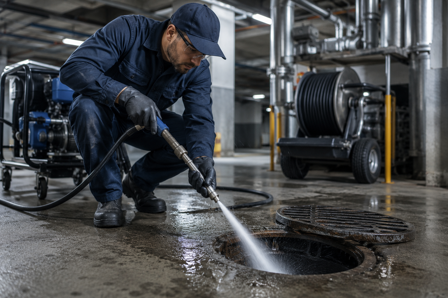 Maintenance worker in navy coveralls uses a high-pressure hose to clean an open floor drain in an industrial facility (gloves, safety glasses).