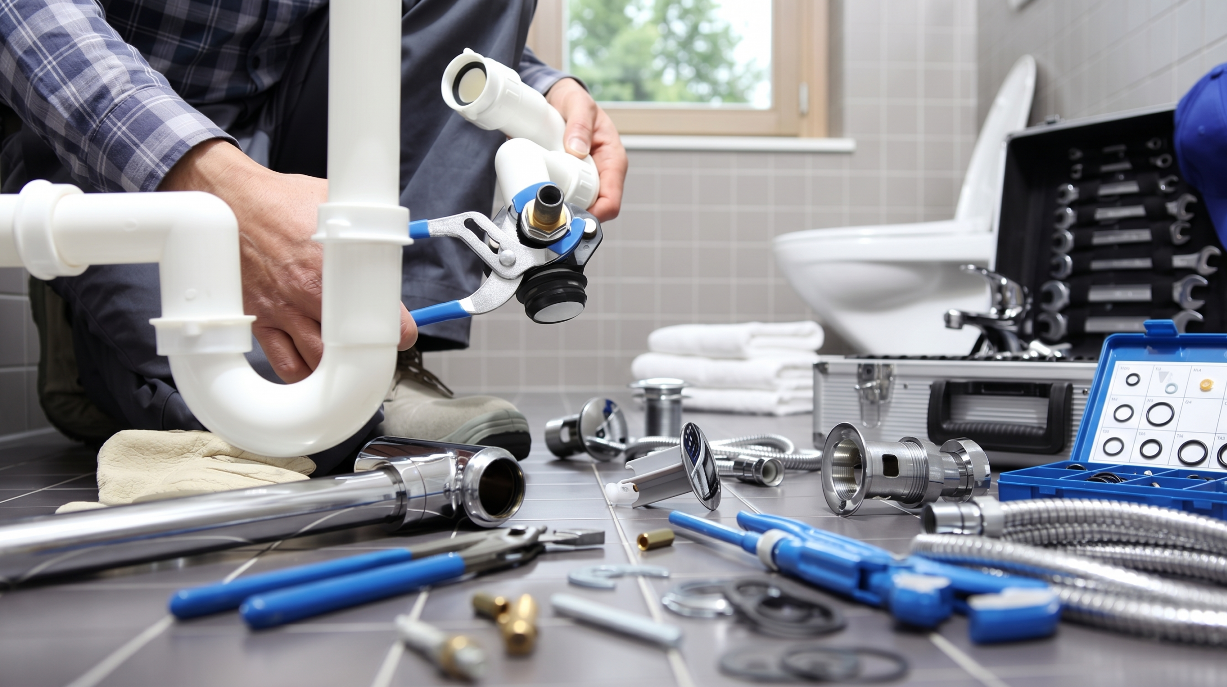 A plumber kneeling on a bathroom floor surrounded by professional tools, O-rings, and a new sink trap assembly, ready to fix a leak.