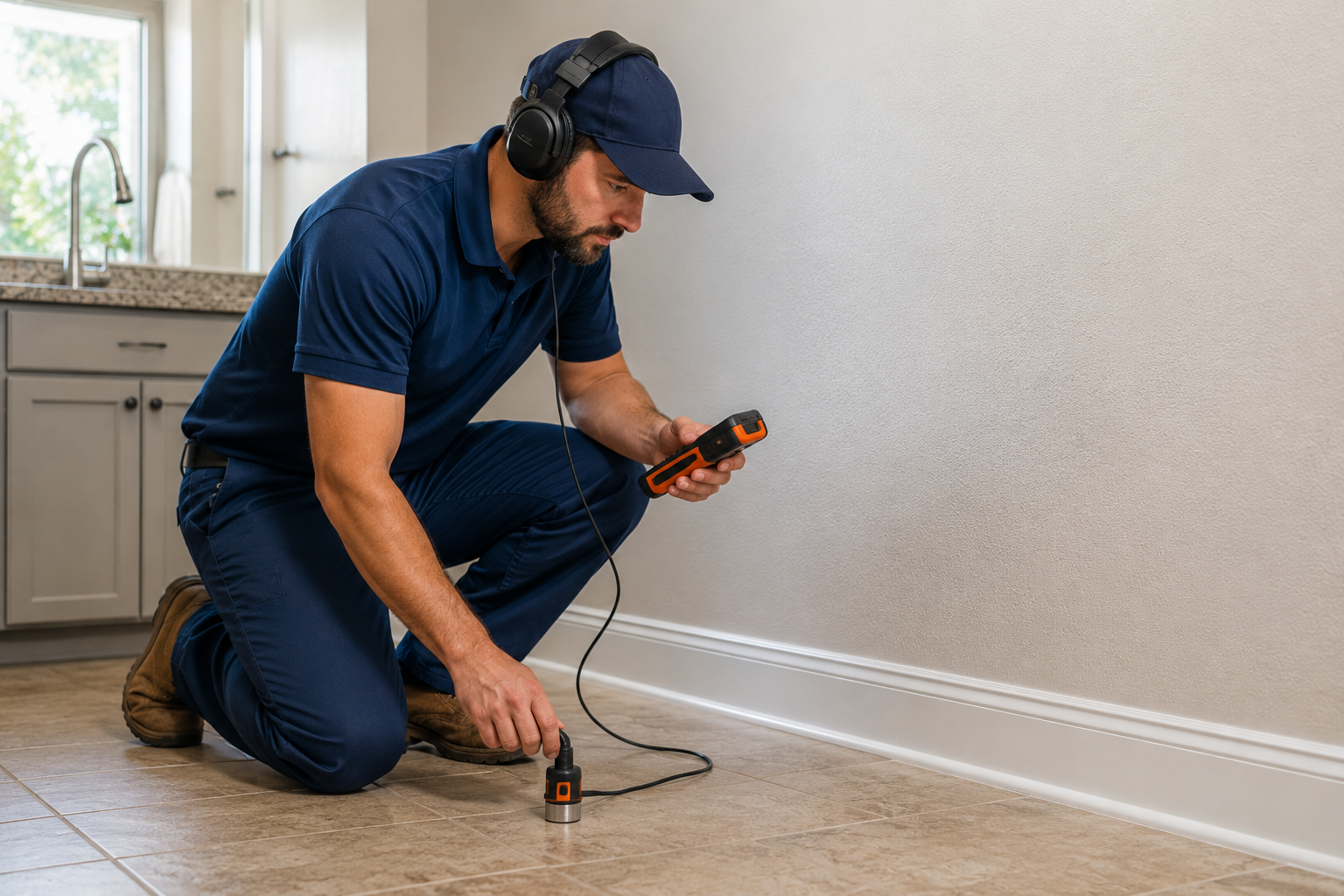 Professional plumber using electronic leak detection equipment to locate a slab leak beneath a concrete floor in a Florida home.