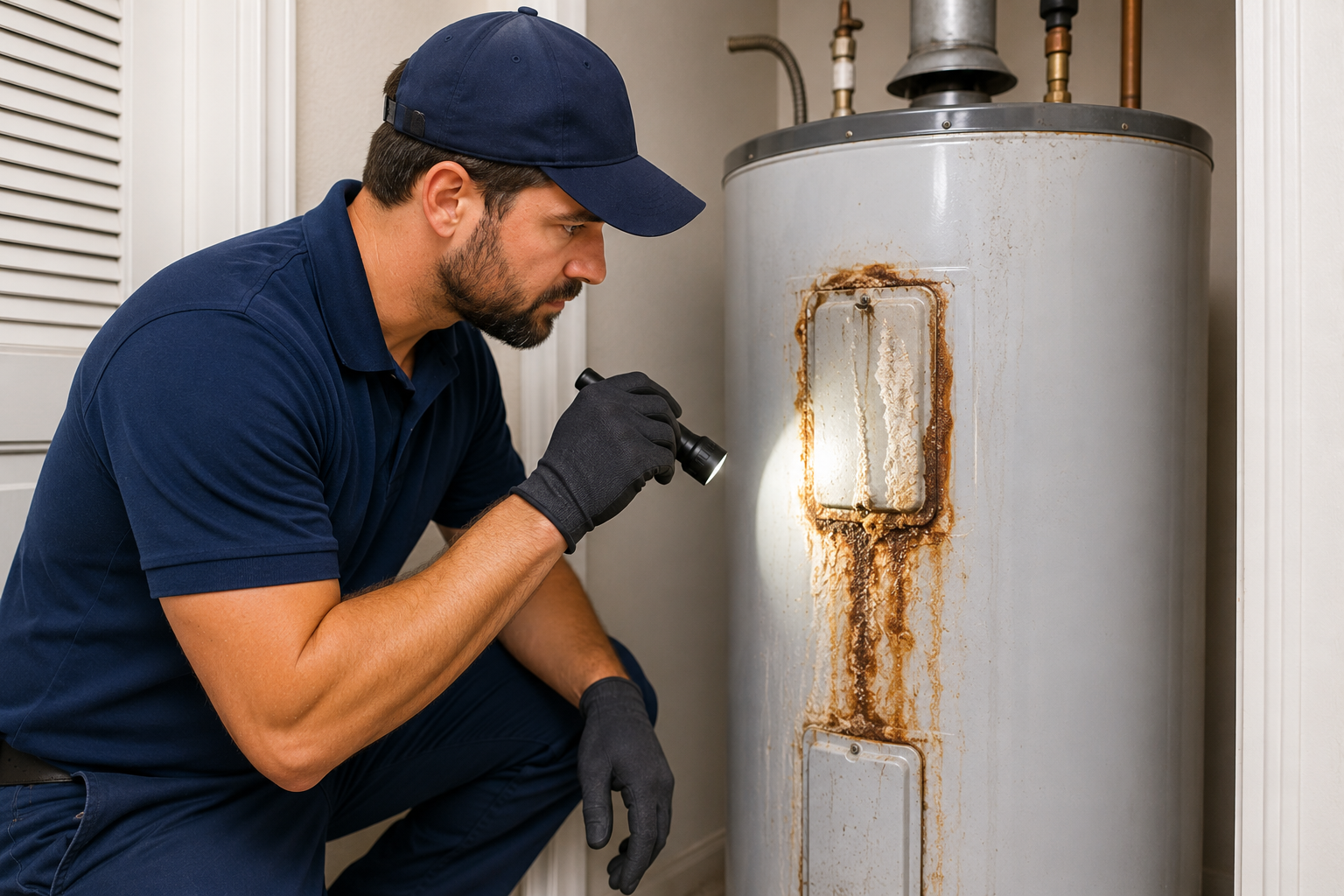Technician inspecting a residential water heater showing signs of corrosion and mineral buildup in a Florida home.
