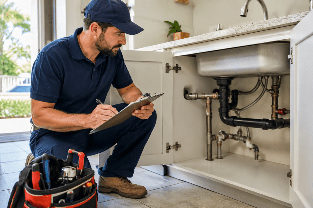 Licensed Florida plumber inspecting residential plumbing system with clipboard and tools during a home service visit.