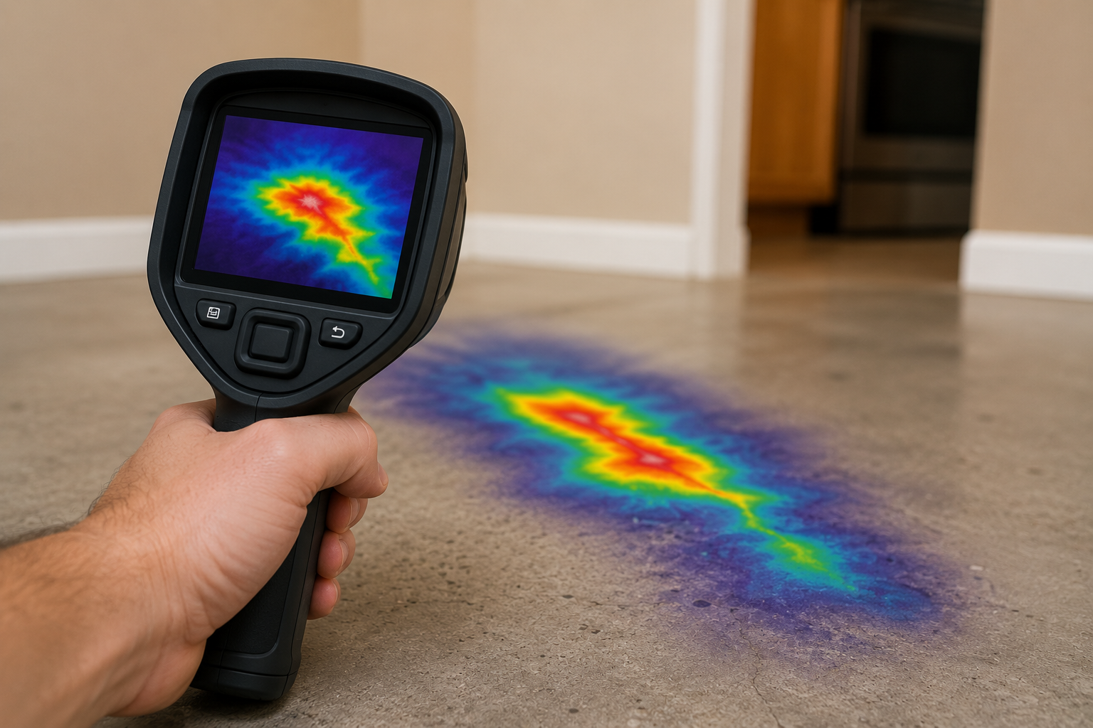 Handheld thermal imaging camera displays a rainbow heat map as it scans a concrete floor, leaving a colorful heat trail seen on the ground and screen.