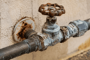 Rusty outdoor water valve with corroded pipe against a cracked stucco wall.