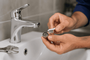 Professional plumber cleaning a faucet aerator to restore water pressure