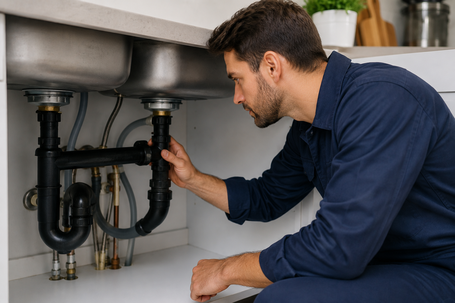 Plumbing expert diagnosing low water pressure under kitchen sink