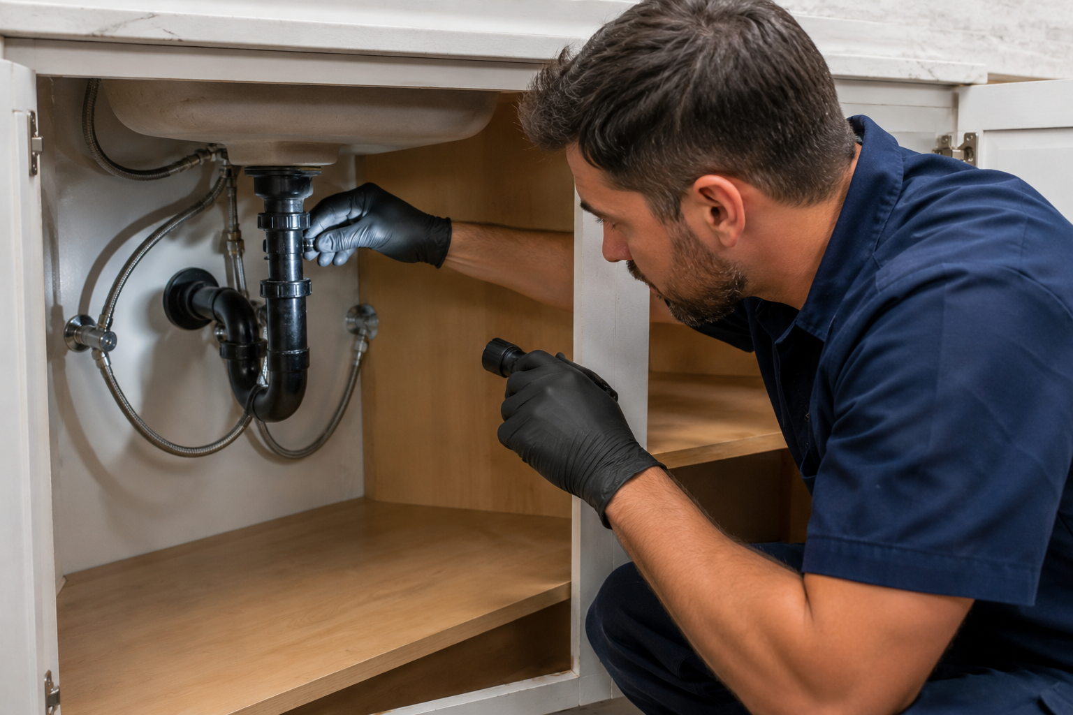 Professional plumber inspecting pipes for hidden water leaks