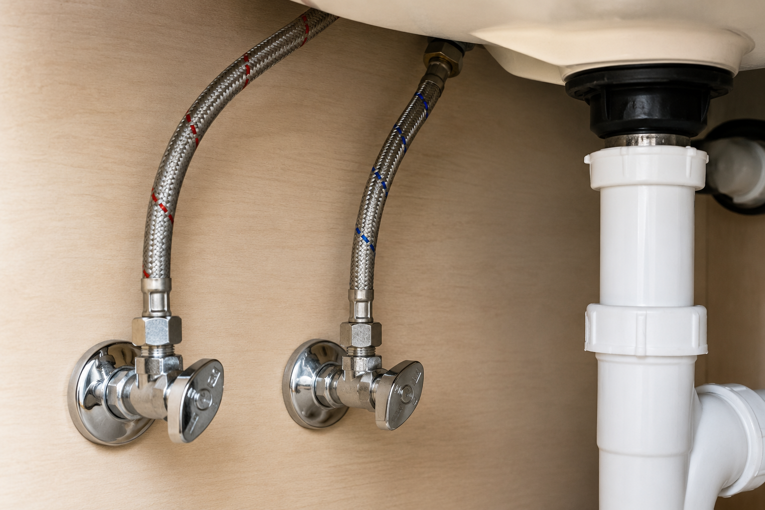 Hot and cold sink supply lines connected to plumbing shutoff valves