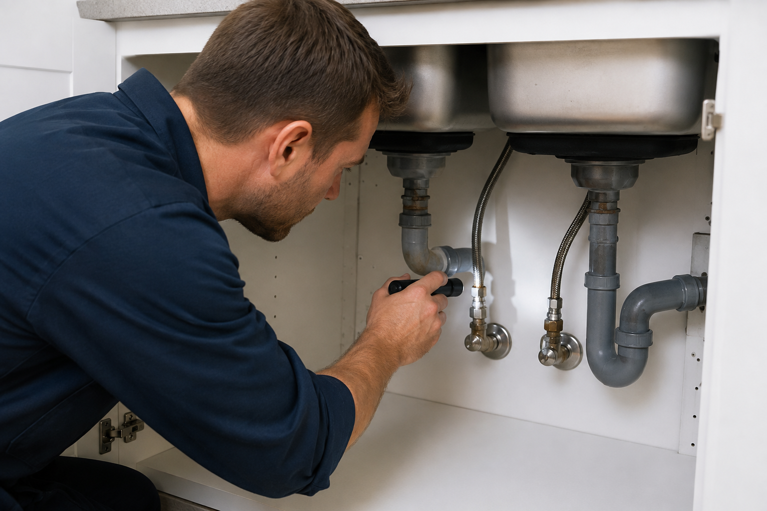 Plumber checking when to replace sink supply line under kitchen sink