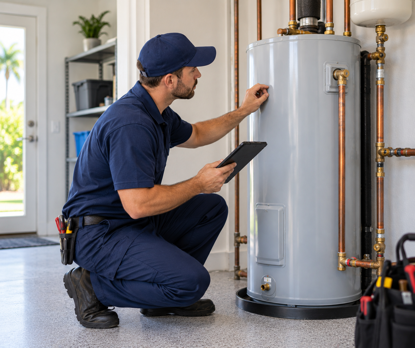 Professional water heater inspection in a Florida home