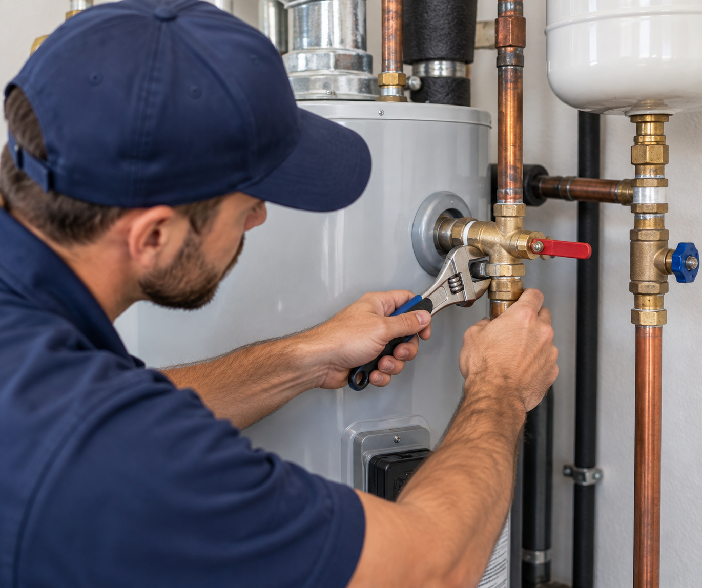 Water heater repair technician checking valves and connections