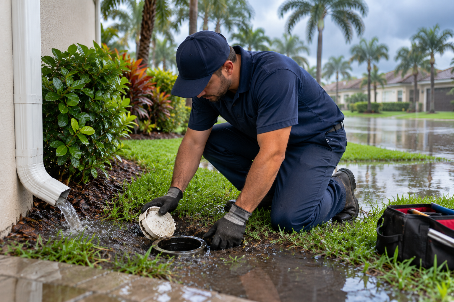 Plumber checking residential drains after heavy rain in South Florida